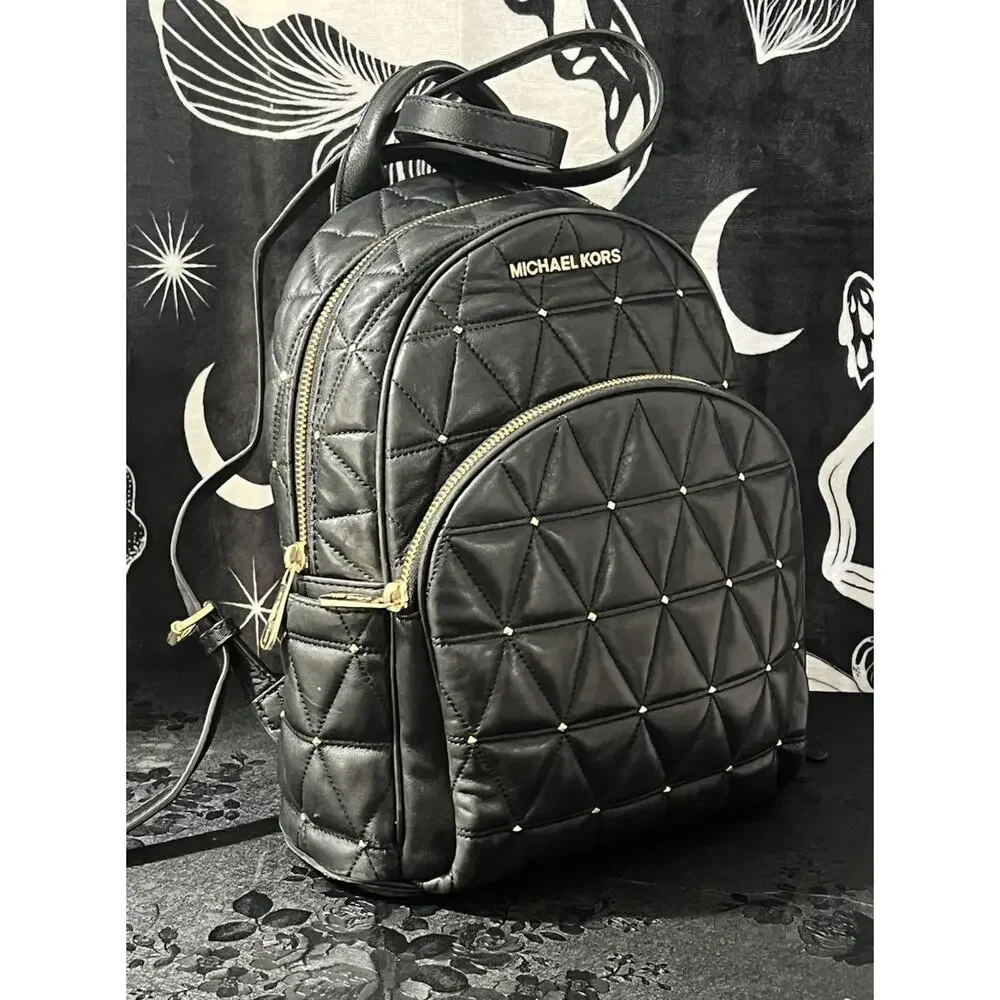 Michael Kors Abbey Medium Studded Leather Backpack Black Gold 35T8GAYB2L
